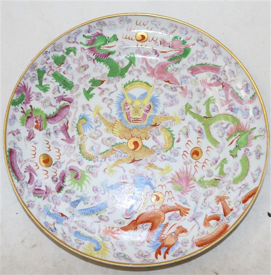 A Chinese famille rose seven dragons plate, 19th century, 24.8cm